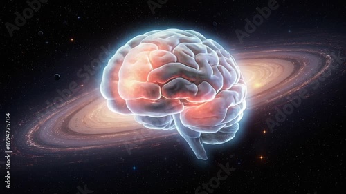 Glowing Brain Surrounded by Cosmic Galaxy Swirls