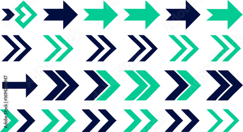 Collection of directional arrows in alternating green and blue colors pointing to the right side view