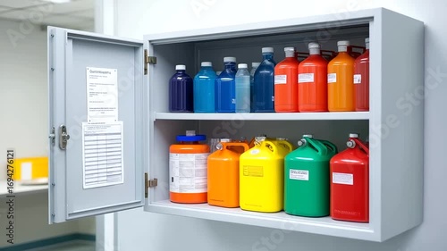 Hazardous material storage cabinet with proper ventilation chemical compatibility charts spill containment systems and safety data sheet documentation in laboratory setting