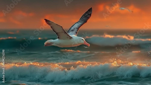 Albatross soaring over ocean at sunset with wings spread wide