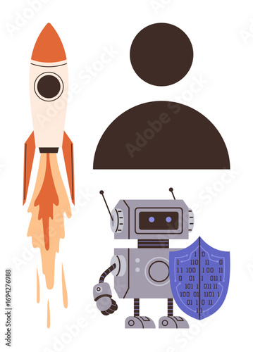Rocket launch, user icon, robot holding shield with binary code. Ideal for technology, innovation, security, AI, cybersecurity startups future concepts. Represents simple flat metaphor