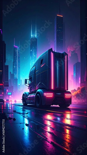 Futuristic truck in a vibrant neon city at night