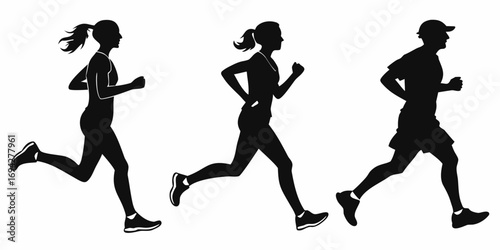 Running man and woman silhouettes vector set illustration. Male and female runners figure shapes vector.