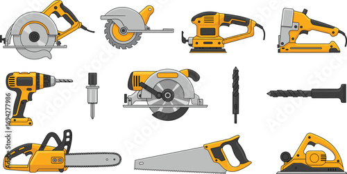 Construction and woodworking tool vector illustration featuring saws, drills, sanders, nail gun, hand tools, and bits for DIY projects