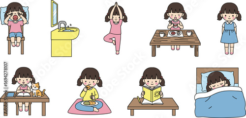Daily routine vector illustration of young girl showing morning, exercise, meals, study, reading, and bedtime activities in cartoon style