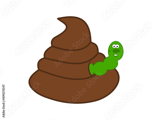 Big fresh brown turd with smiling worm on white background - vector