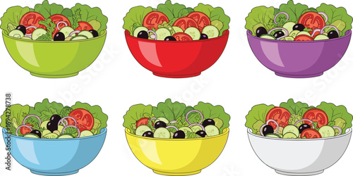 Fresh vegetable salad vector illustration in colorful bowls featuring lettuce, tomato, cucumber, olives, onion rings for healthy food presentation