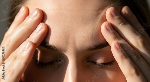 Closeup of Hands Massaging Temples for Migraine Relief – Health and Wellness Concept