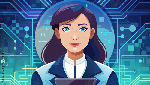 Close-up portrait of female software engineer holding tablet. Isolated background reflects modern creativity, determination, and technological progress.