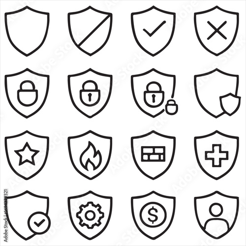 Shield icon pack. Minimal thin line web icons set. Vector illustration. Privacy icon set. Featuring protection, guard, safety, security, firewall, safe, defense and more vector