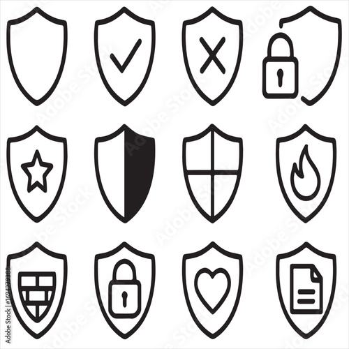 Shield icon pack. Minimal thin line web icons set. Vector illustration. Privacy icon set. Featuring protection, guard, safety, security, firewall, safe, defense and more vector