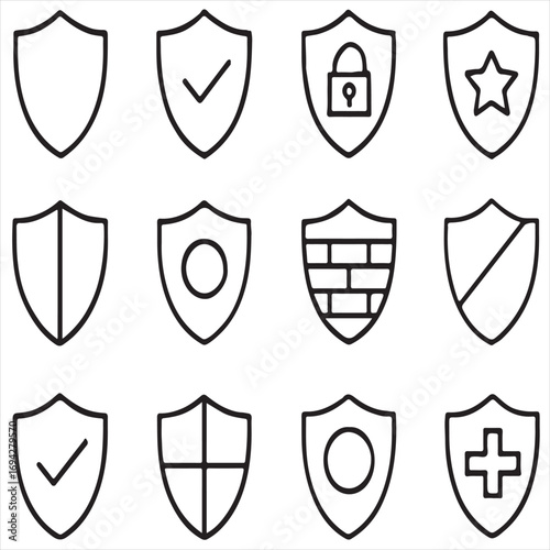 Shield icon pack. Minimal thin line web icons set. Vector illustration. Privacy icon set. Featuring protection, guard, safety, security, firewall, safe, defense and more vector