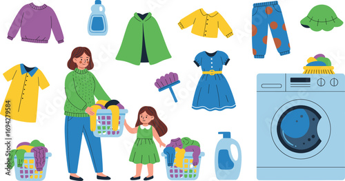 Laundry day vector illustration showing woman and child with baskets, washing machine, detergent, clothes, and cleaning tools in colorful style
