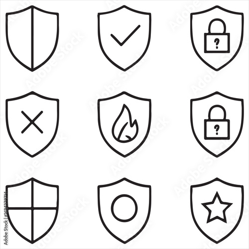 Shield icon pack. Minimal thin line web icons set. Vector illustration. Privacy icon set. Featuring protection, guard, safety, security, firewall, safe, defense and more vector