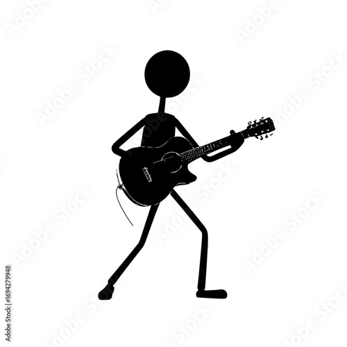 Dynamic silhouette of a stick figure passionately playing an acoustic guitar, capturing the essence of musical performance and artistic expression for creative projects.