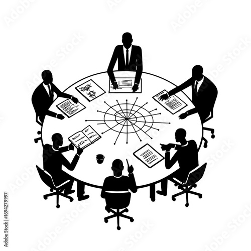Dynamic business team collaborates around a modern conference table, brainstorming ideas and presenting strategies for impactful project success and strategic planning.