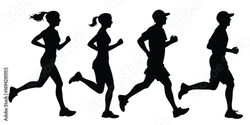 Running man and woman silhouettes vector set illustration. Male and female runners figure shapes vector.
