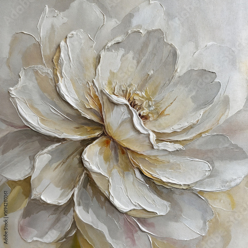 Minimalistic abstract floral art, showcasing luminous cream petals and intricate textures in a dreamy atmosphere