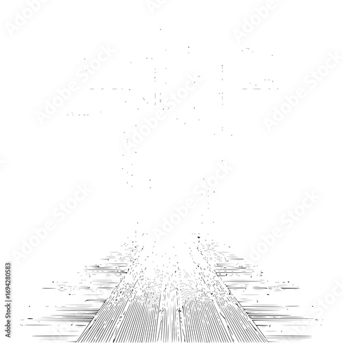 A black and white illustration of a road vanishing into the distance with a faded background effect