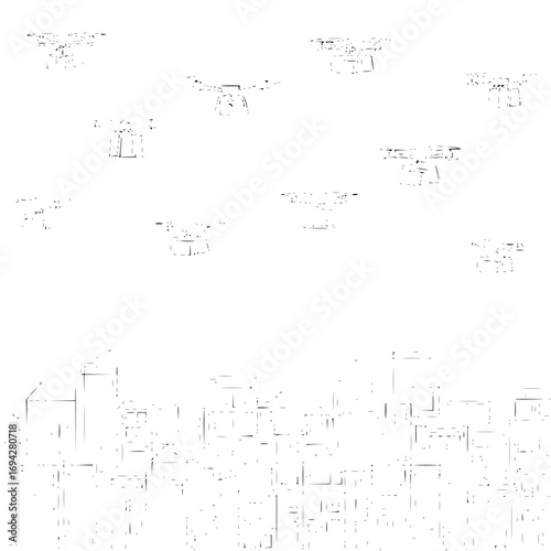 A cityscape under surveillance with multiple drones flying above the buildings in a monochrome illustration