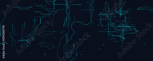 Futuristic Digital Circuit Blueprint. Abstract Technology Grid with Glowing Blue Lines on Dark Background. Perfect for AI Systems, High-Tech Interfaces, and Cyber Data Design. Vector Illustration