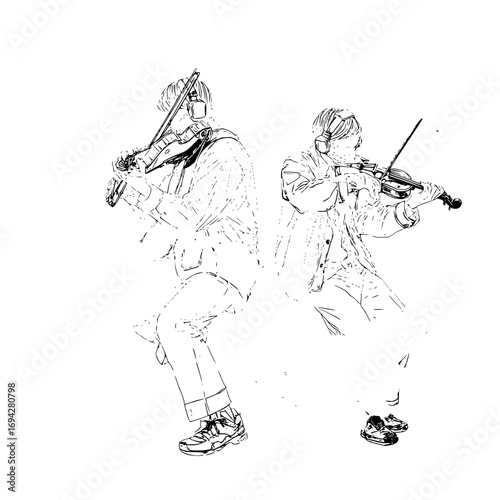 Two musicians playing violins with headphones in a black and white sketch style illustration art piece