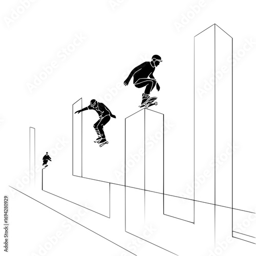 Three skateboarders performing tricks on minimalist structures in a black and white illustration style