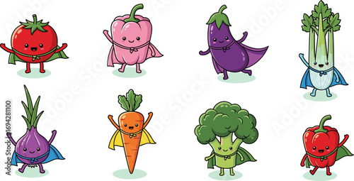 Superhero fruits and vegetables vector illustration featuring tomato, carrot, broccoli, onion, pepper, and eggplant promoting healthy eating for kids