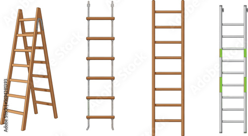 Vector illustration of four ladder types including A-frame, rope, straight, and telescoping designs for construction, safety, and utility use