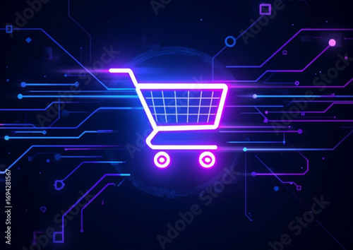 Cyber Monday sale concept with a shopping cart, glowing neon lights, digital elements, and modern futuristic style. Perfect for online shopping promotions, advertising banners, e-commerce discounts