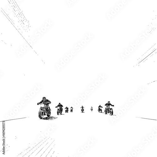 A monochrome illustration of a group of motorcyclists riding on a road with a vanishing point perspective