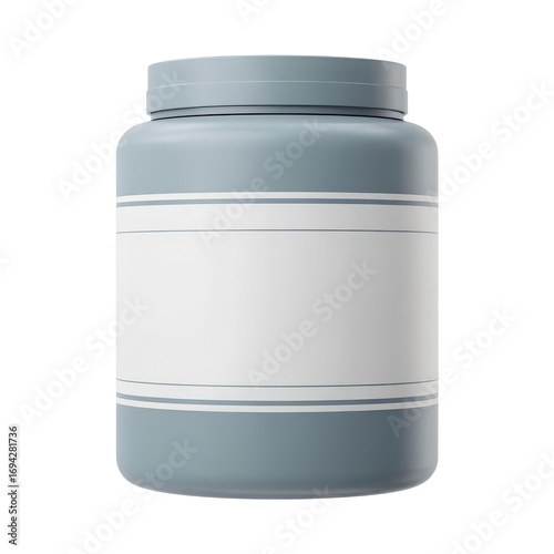 Clean blue jar with blank label ideal for supplement protein or pharmaceutical product mockups isolated on transparent background isolated on transparent background