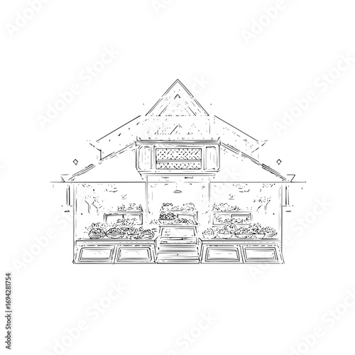 Illustration of a building with a peaked roof and food displays in front of it in black and white style