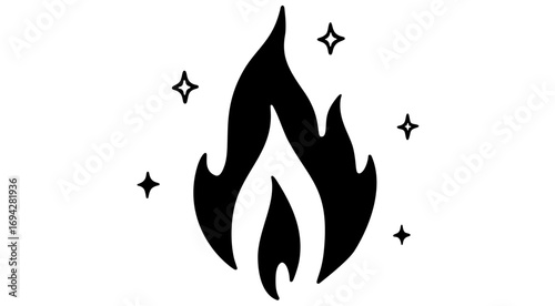 Fire, flame, bonfire. Flame fire icon, abstract style on white background. Flat burn fire symbol, bonfire sign, flame campfire emoji. Camping fireball minimal graphic style. Vector Illustration
