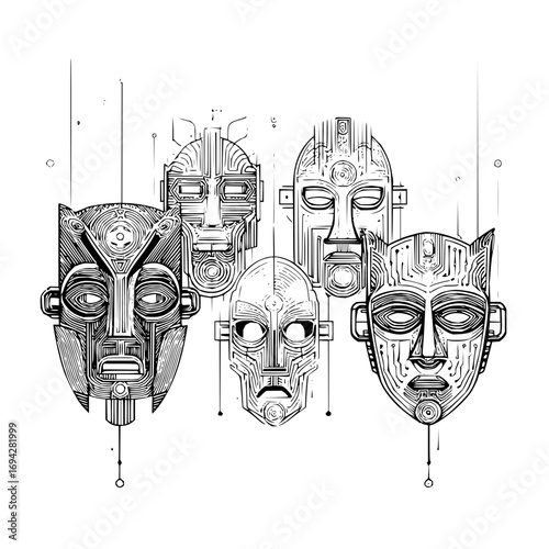 Illustration of five stylized tribal masks with intricate line work and hanging details in black and white art