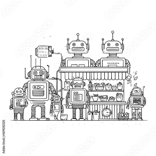 Illustration of a robot family standing near a robot operated fruit stand outline in black and white style