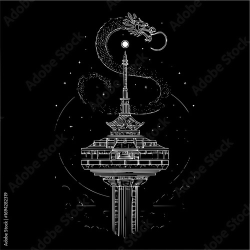 Illustration of a pagoda tower with a dragon winding around it against a starry night sky background