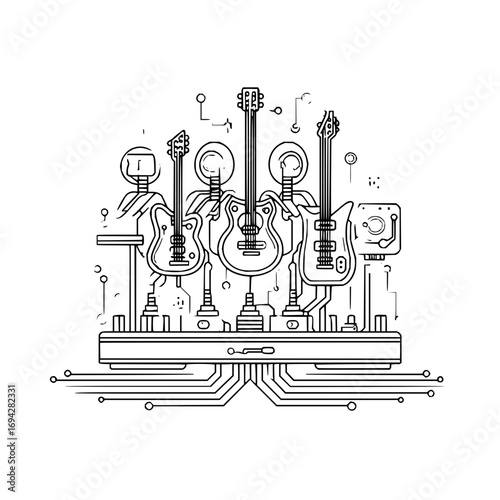 Line art illustration of robotic figures playing electric guitars on a circuit board platform stage