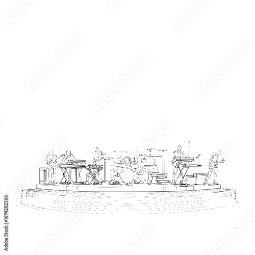 A sketch of a band performing on a stage with multiple musicians and instruments in black and white style