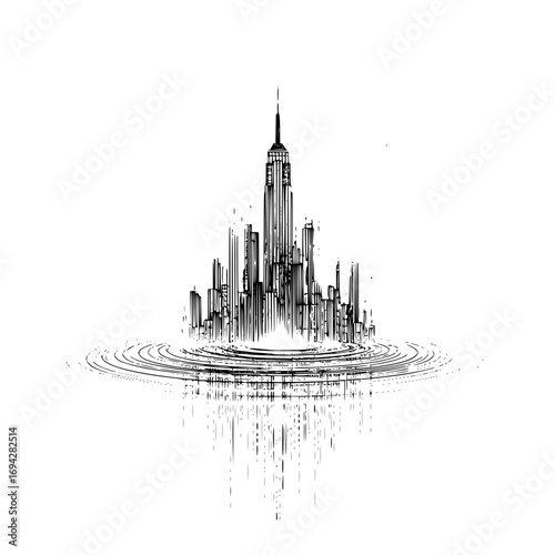 Stylized black and white drawing of a cityscape rising from concentric circles with a tall spire at center