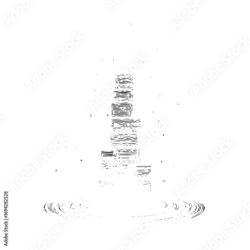 Illustration of stacked objects resembling coins or discs with circular patterns below and scattered dots around it
