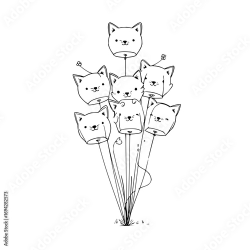 A whimsical bunch of seven cat shaped balloons tied together with string in a black and white drawing