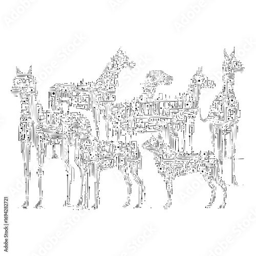 Stylized line art depiction of several llamas and riders rendered in a circuit board pattern design