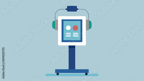 Accessible Voting Machine An image of a touchscreen voting machine positioned at an accessible height with a large print display and headphones to assist voters with hearing