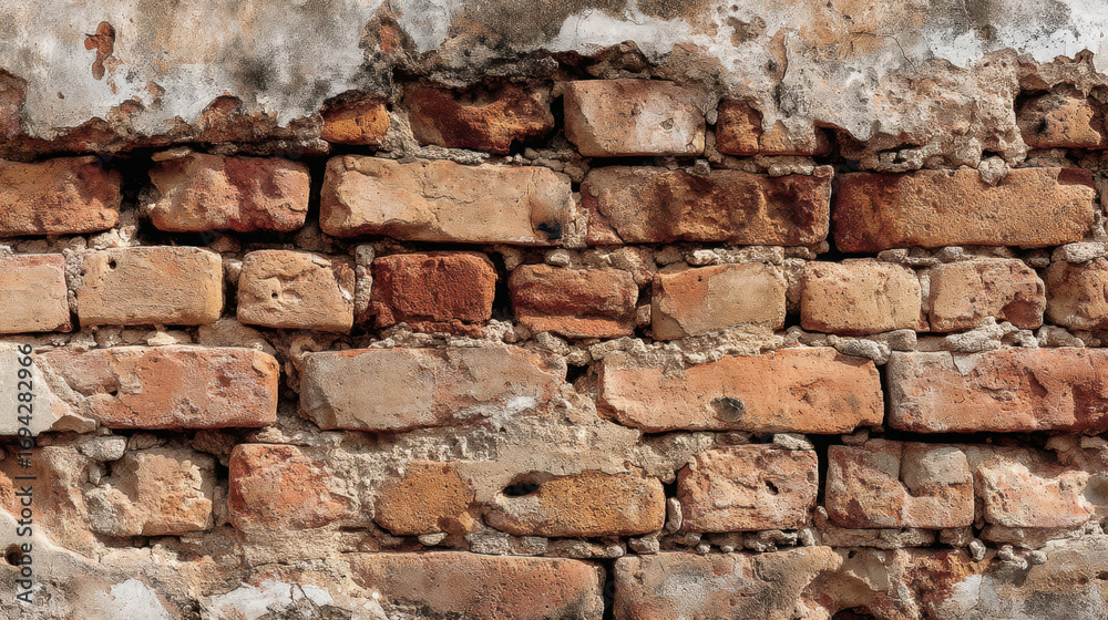 Old brick wall, featuring mix of red and brown bricks with weathered textures and peeling paint. surface shows signs of age, adding character and rustic feel to structure Old brick wall, featuring mix of red and brown bricks with weathered textures and peeling paint. surface shows signs of age, adding character and rustic feel to structure