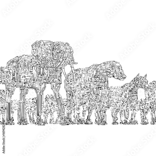 Circuit board animals: an elephant, horses, and other creatures rendered in a complex line art style