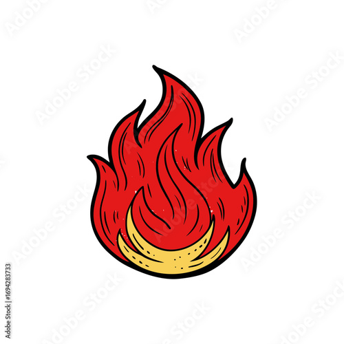 Stylized red fire flames with a yellow crescent moon shape isolated on white background