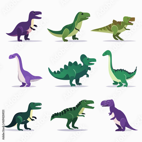 A vibrant collection of cute and colorful cartoon dinosaurs in various poses, perfect for children's books, educational materials, or playful graphic designs with prehistoric creatures
