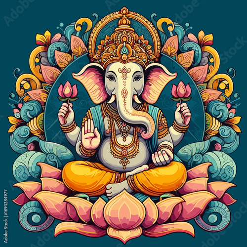 Colorful Illustration of Lord Ganesha, Hindu Deity