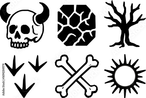 Set of 6 desert icon. in witch include Skull, Arrows, Bones  Sun Mountains, without leaf tree.